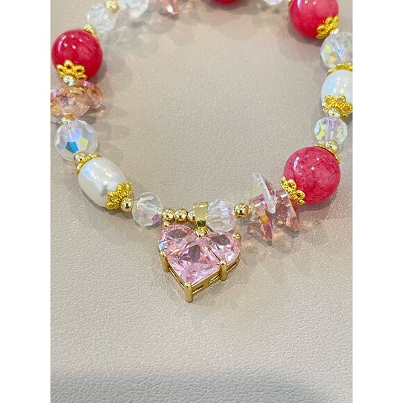 Pink Swarovski Beaded Bracelet Heart Charm - Picture 2 of 8